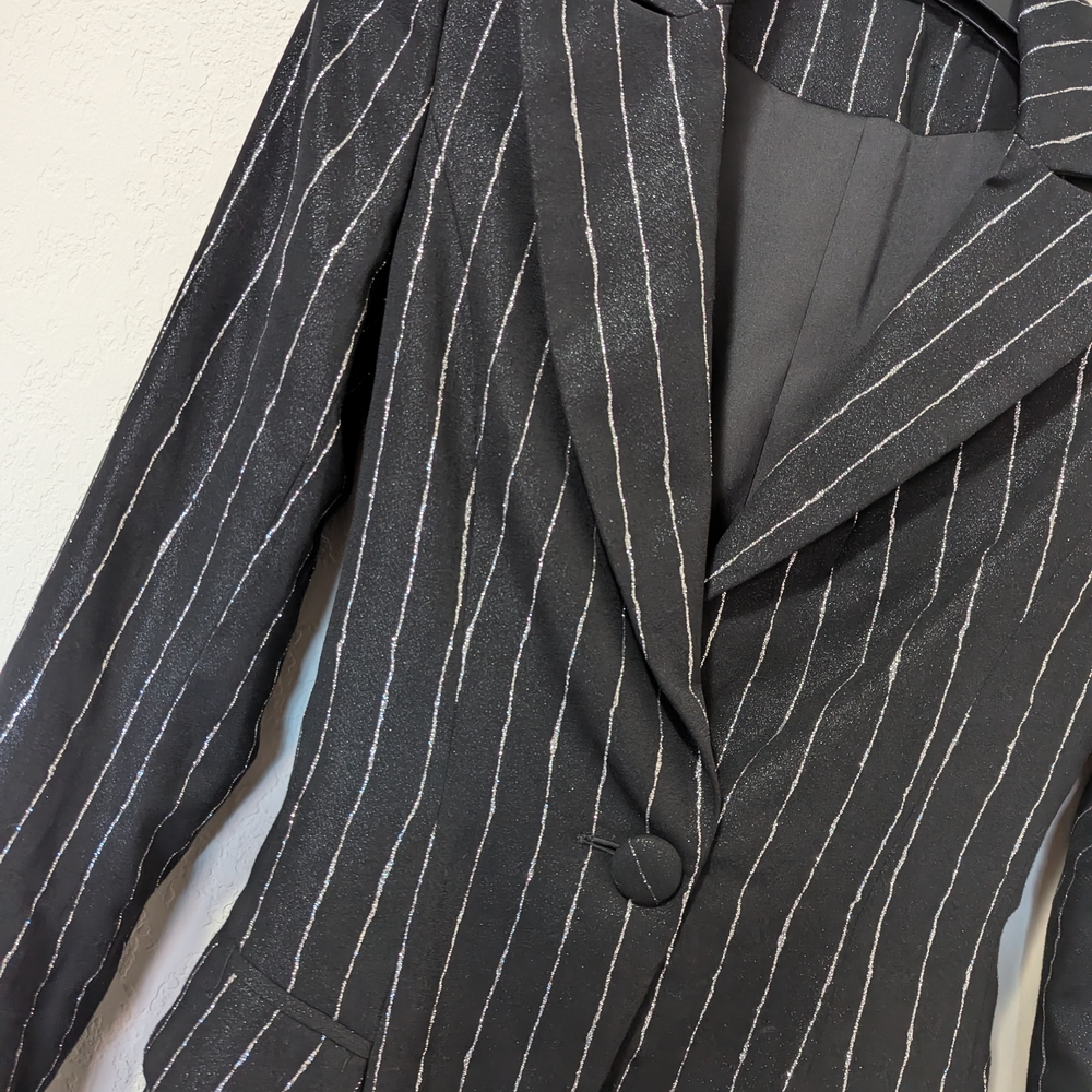 Christian Siriano Designer Black Silver Metallic Pinstripe Blazer Women’s Jacket - Picture 7 of 9
